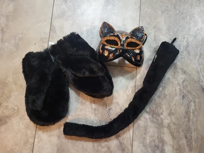 Cat Masquerade Mask Sparkle Black Orange Halloween Costume Furry Paws Tail  - Image 1 of 4