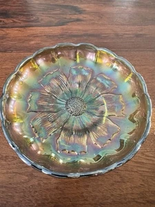 Vintage Millersburg Cosmos Radium Green Carnival, Iridescent Glass Bowl 6” - Picture 1 of 5
