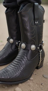 Herren Stiefel Silber Kette Paar Schwarz Kunstleder 2 Riemen American Eagle Charms - Bild 1 von 24