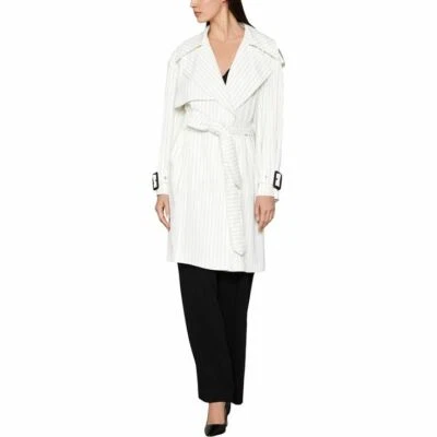 Bcbg Max Azria Aurora White Black Pinstripe Belted Trench Coat Jacket Nwt S - Image 1 of 4