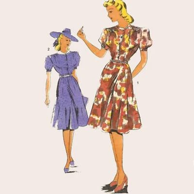 1940's French Pattern, Two Pretty Frocks, Tea Dress - Bust 34" (87cm) - Image 1 of 2