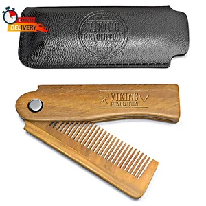 Folding Beard Comb with Carrying Pouch for Men - All Natural Wooden Comb - Green - Picture 1 of 12