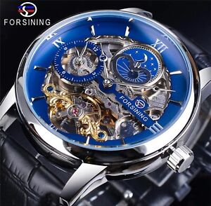 Forsining Skeleton Moon Dial  Watch Mens Dual Time Zone Automatic Watch