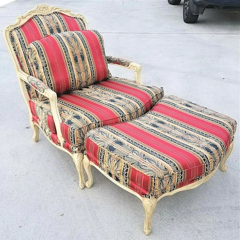 DREXEL HERITAGE COLLECTION Bergere French Louis XV Style Armchair and Ottoman Cover
