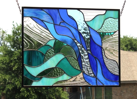 Flowing water stained glass window panel hanging 19 7/8x15 7/8 beveled border Cover