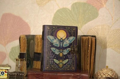 Book of Spell Leather Bound Luna Moths Journal Deckle Edge Paper Vintage Leather - Image 1 of 4