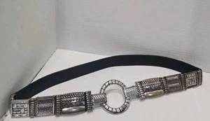 Chico's Vintage 90' Medium Black Leatger Streatch Boho Silver Gold Metal Belt - Picture 1 of 12