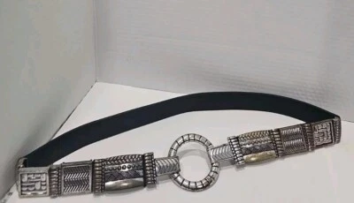 Chico's Vintage 90' Medium Black Leatger Streatch Boho Silver Gold Metal Belt - Image 1 of 4