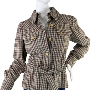 Kenzo Paris Vintage 1970s Wool Tweed Brown & White Short Tie Jacket Sz 40, US S - Picture 1 of 13