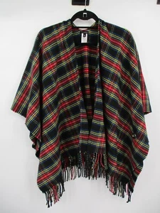 Talbots Womens Poncho Womens M/L Fringe Red Plaid Casual Short Sleeves Green Red - Picture 1 of 15