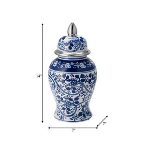 Blue and White Floral Ceramic Jar - Picture 1 of 3