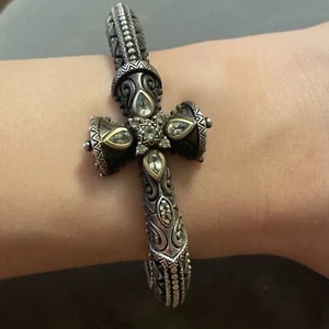 Vintage Barbara Bixby 18K Gold & Sterling Silver Topaz Cross Bangle Bracelet - Picture 1 of 9