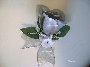 Silver~Rose Bud~Open Rose Boutonniere~corsage~Wedding~Prom~Quinceanera