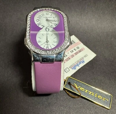 Vernier 紫色双表盘石英表水钻表圈全新带标签按原样出售 — 第 1/4 张图片