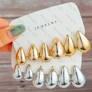 3 Paar Set NEU IM TREND WASSER TRÄNEN TROPFEN GROBE SILBER GOLDFARBENE OHRRINGE UK VERKÄUFER - Bild 1 von 9
