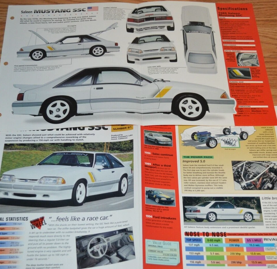 1989 Saleen Mustang SSC Spec Info Poster Original Brochure Ad 89 93 White Ford - Image 1 of 1