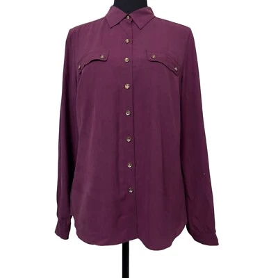 Go Silk 100% Silk Blouse Petite Medium Button Up Roll Tab Long Sleeve Feminine - Image 1 of 4