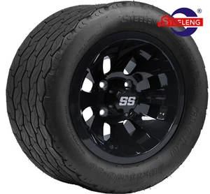 GOLF CART 10" BLACK REVOLVER WHEELS and 22x11-10 GECKO STREET/TURF TIRES x4 - Picture 1 of 4