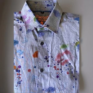 Herren S VISCONTI Langarm Freizeithemd blau grau Farbspritzern - Bild 1 von 3