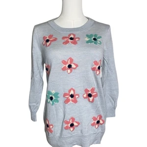 J. Crew Light Blue Coral Aqua Floral 100% Merino Wool Sweater Medium - Picture 1 of 5