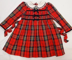 Y2k Vintage B T Kinder Kleid 3T gesmokt Tartan rot kariert Kragen Urlaub Mädchen 3 - Bild 1 von 9