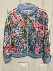 Adidas Floral Print Tricot Jacket Girls Lightweight Blue Sun Size XL 16 - Picture 1 of 4