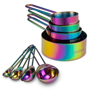 Juego de 8 tazas y cucharas medidoras, grado alimenticio acero inoxidable 18/8 medida s... - Imagen 1 de 9