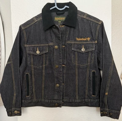 De colección Años 90 Timberland Hombres Mediano Jean Negro Denim Rider Chaqueta Cuello Gamuza  Foto 1 de 4