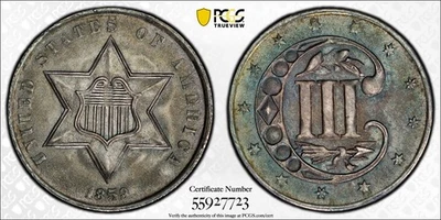 1859 3 Cent Silver 3CS PCGS MS64 Colorful Rainbow Toning - Image 1 of 4