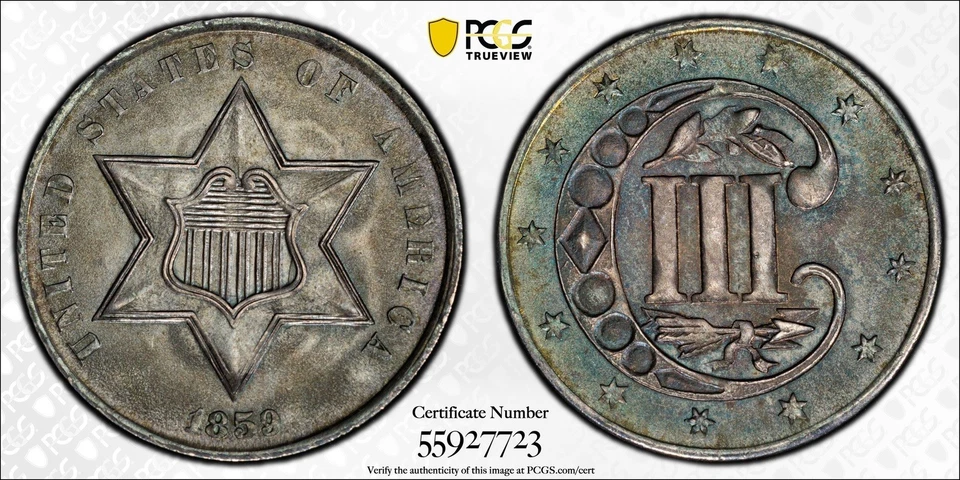 1859 3 Cent Silver 3CS PCGS MS64 Colorful Rainbow Toning - Image 1 of 4