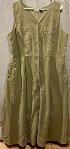 L.L.BEAN long Corduroy sleeveless dress size 18 green,pockets,button front - Picture 1 of 5
