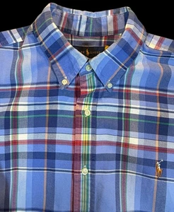 Polo Ralph Lauren Camicia Uomo 2XL Blu Bianco Carne Pony Plaid Oxford Manica Lunga - Foto 1 di 16