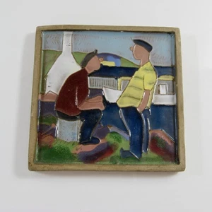 Danish Nis Stougaard Ceramic Polychrome Glaze Wall Tile Men Bornholm Denmark - Picture 1 of 6