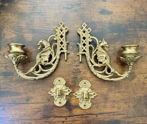 Coppia di applique da parete vintage Griffin vittoriano ottone pianoforte braccio oscillante candela - Foto 1 di 11
