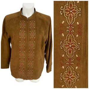 Erika Blazer Women 1x Brown Embroidered Floral Western Work Office Casual Jacket - Picture 1 of 14