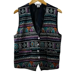Debut Women's Vintage Vest Black Geo Southwestern Festival Embroidered Size L - Picture 1 of 9