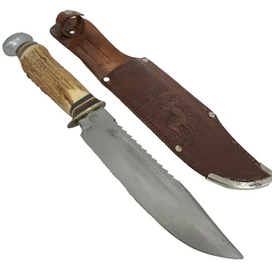 VINTAGE G. C. CO. SOLIGEN GERMANY #488 SAWBACK STAG HANDLE KNIFE WITH SHEATH - Picture 1 of 6