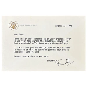 Tarjeta de nota del presidente autografiada de George H. W. Bush a Doug Sanders 13/08/1992 PSA - Imagen 1 de 3