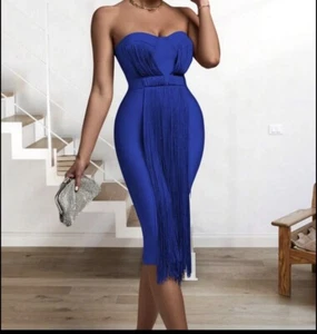 NWT Blue Tassell Accent Formal/ party/Cocktail Bodycon Strapless Dress Size L - Picture 1 of 13