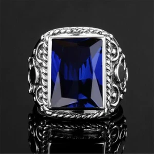 GREAT MEN'S RING 925 STERLING SILVER SAPPHIRE VINTAGE STYLE CREATED BLUE STONE - Picture 1 of 7