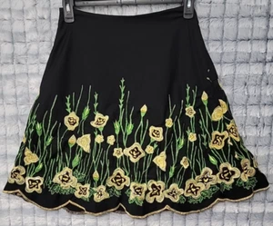 Basil & Maude Black w/ Yellow Floral Embroidered Skirt Sequins Women's 4 Lined - Picture 1 of 5