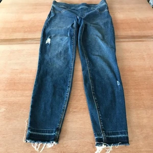 Spanx Skinny Pull On Jeans Women M Blue Mid Rise Distressed Pocket Stretch - Picture 1 of 15