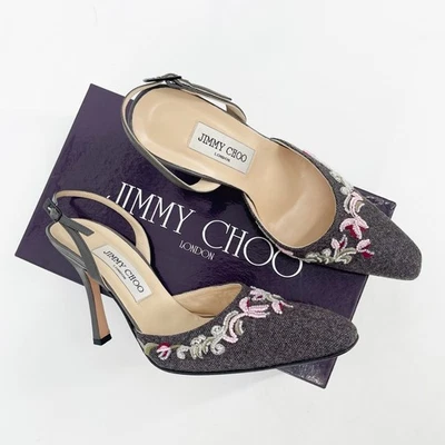 Винтажный Jimmy Choo серый фланелевый бисером цветочный вышитый слинга каблук это 38,5 - Изображение 1 из 4