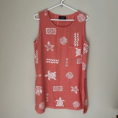 Vestido recto 100 % lino encubrimiento talla L vida marina estampado gráfico playa piscina costa Foto 1 de 4