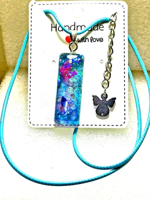Collana resina  blu viola ciondolo Argento 925 charm angelo handmade  - Immagine 1 di 3