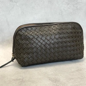 BOTTEGA VENETA Pouch Intrecciato Purse Cosmetic Leather Brown Authentic - Picture 1 of 24