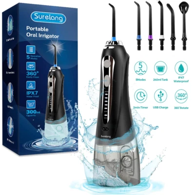 Surelang Cordless Waterpik Flosser Dental Oral Irrigator Teeth Cleaner 8 Jet Tip