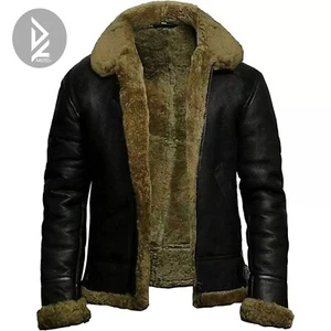 Chaqueta negra de aviador de cuero de oveja real de piel de bombardero de piel de oveja para hombre - Imagen 1 de 3