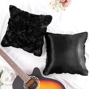 Decorative 3D Satin Floral Rose Flower Throw Pillow Cushion 2pcs, Black - Picture 1 of 12