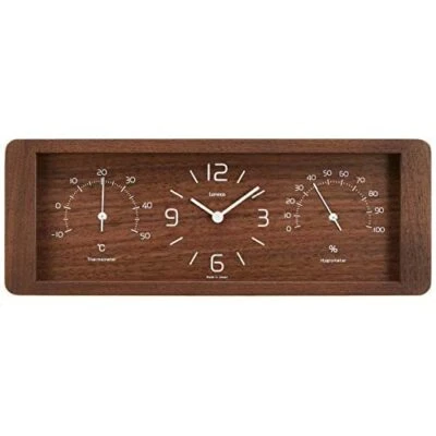 Lemnos Yokan Brown Table Clock Made In Japan with Thermo and Hygrometer - Image 1 of 4